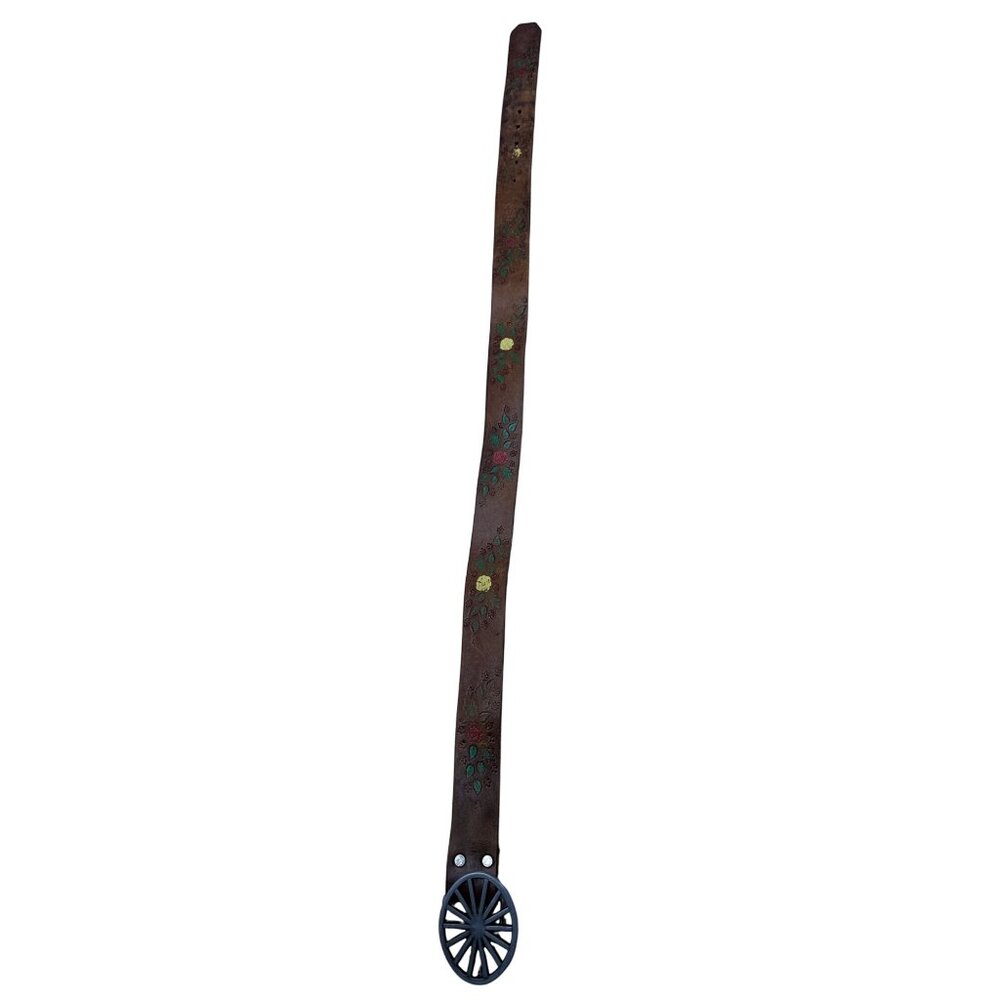 Vintage Embossed Brown Leather Belt With Wagon Wheel Metal Buckle Floral Design - Picture 5 of 8
